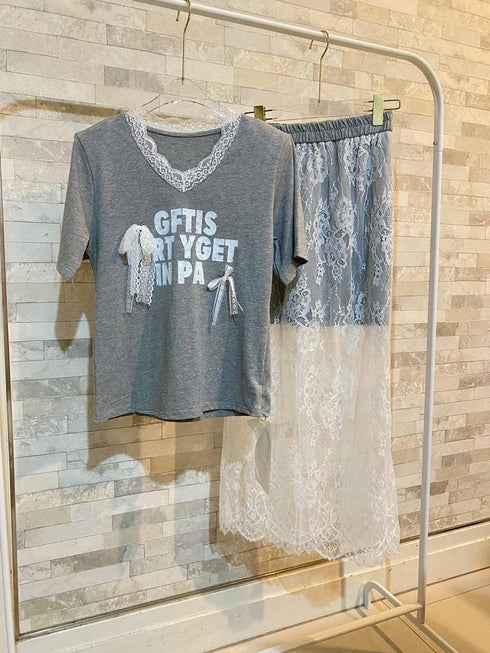 Spring Trendy Aesthetic Lacey Skirt With T-Shirts Sets